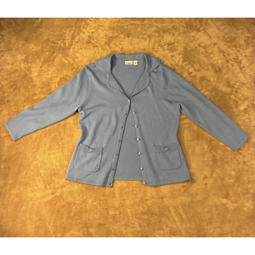 VTG Cato Women Baby Blue Button Front Cardigan Sweater Bow Pockets S Grandmacore